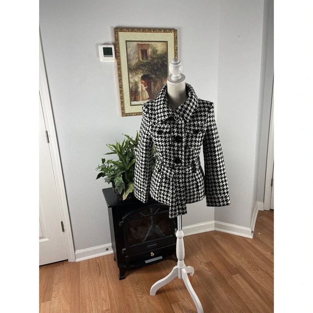 Last Kiss Women's Black & White Long Sleeve 4-Button Tie Closure Jacket Coat SM - Picture 2 of 10